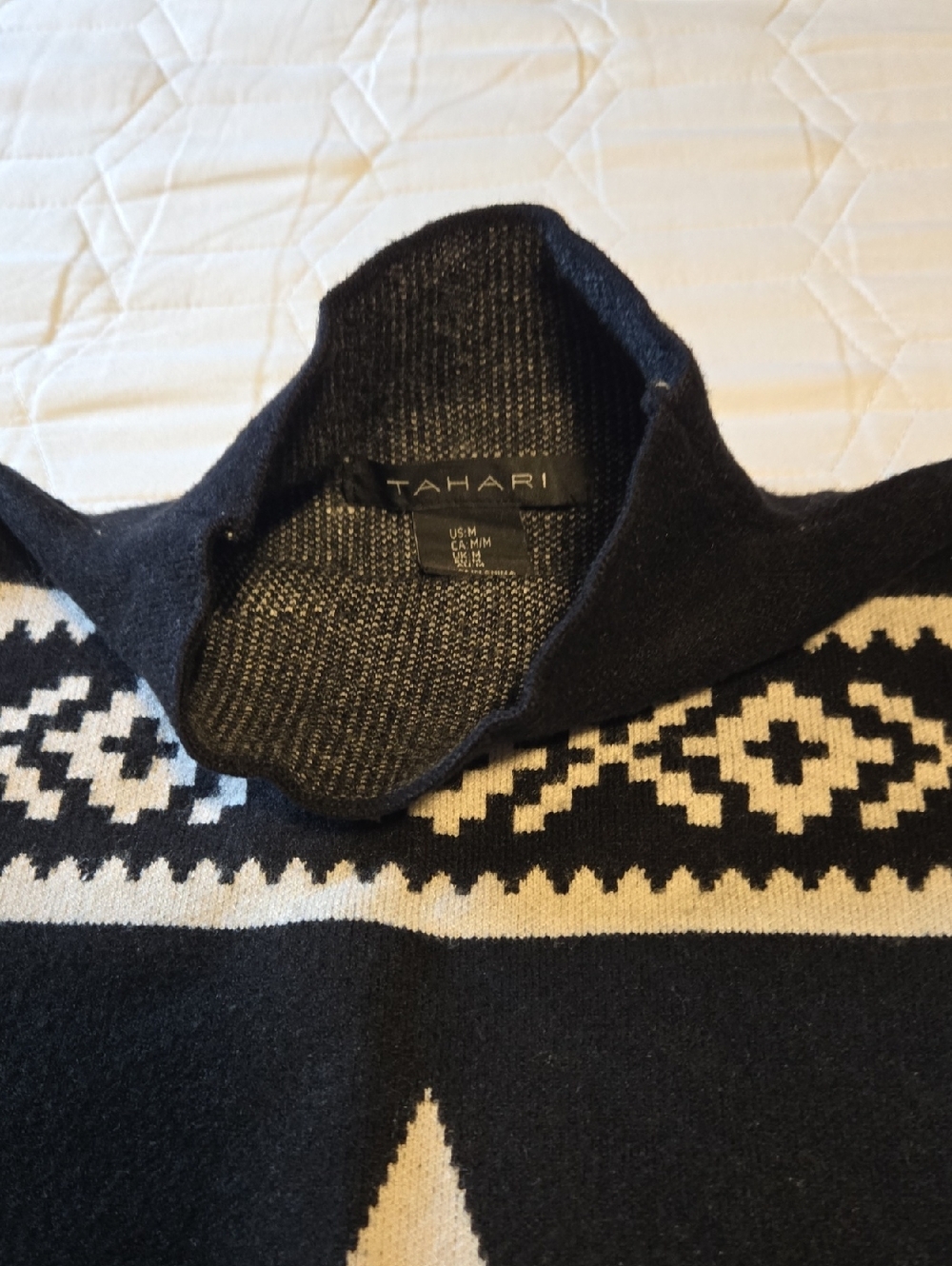 Tahari Black and Cream Patterned Turtleneck Sweater
